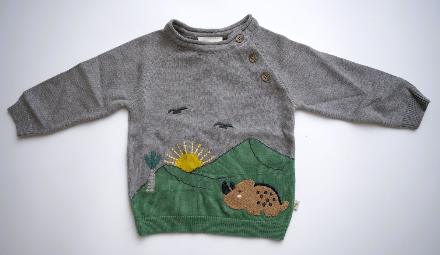 Viverano Organics Dinosaur Jacquard Knit Raglan Baby Sweater (Organic Cotton) – Heather Grey