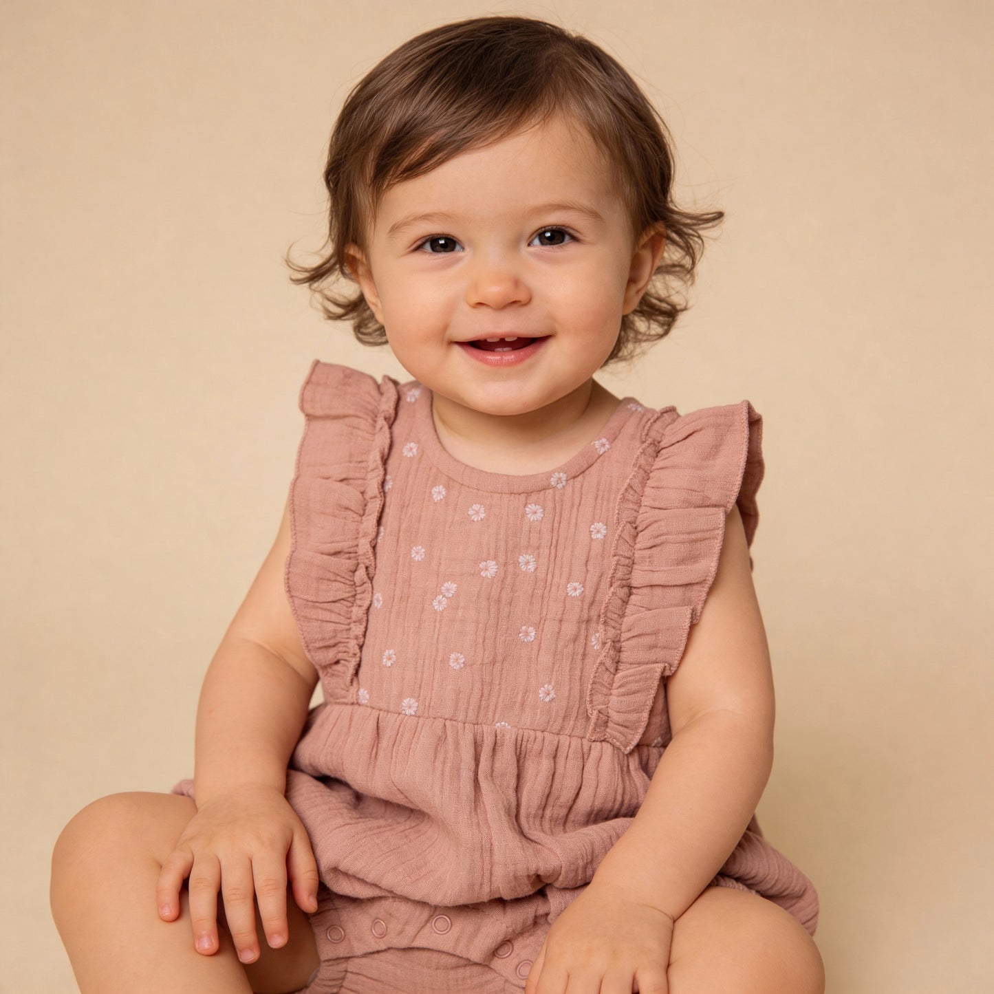Makemake Organics Organic Embroidered Ruffle Romper - Clay