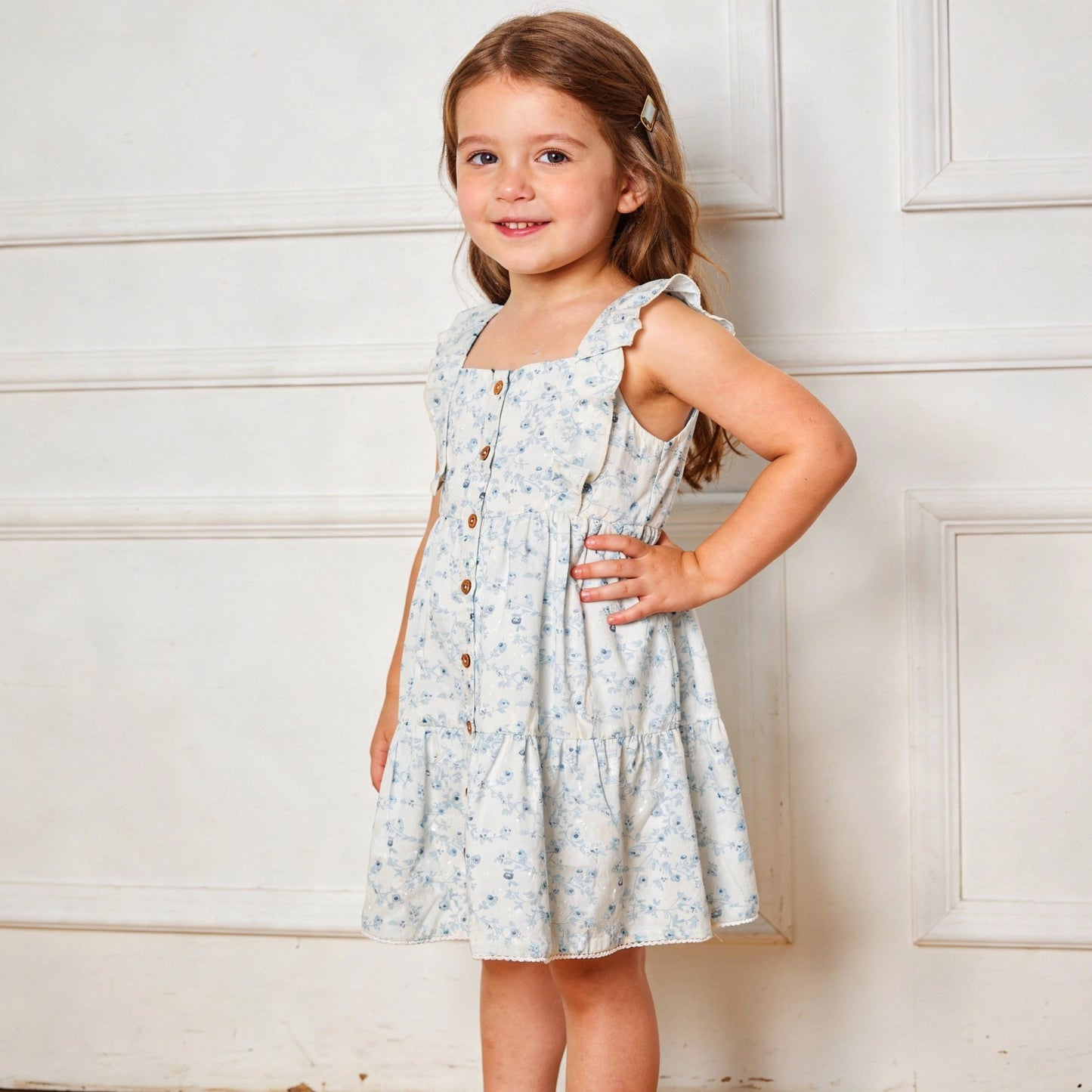 Makemake Organics Organic Flutter Buttoned Tiered Dress - Bluebelle