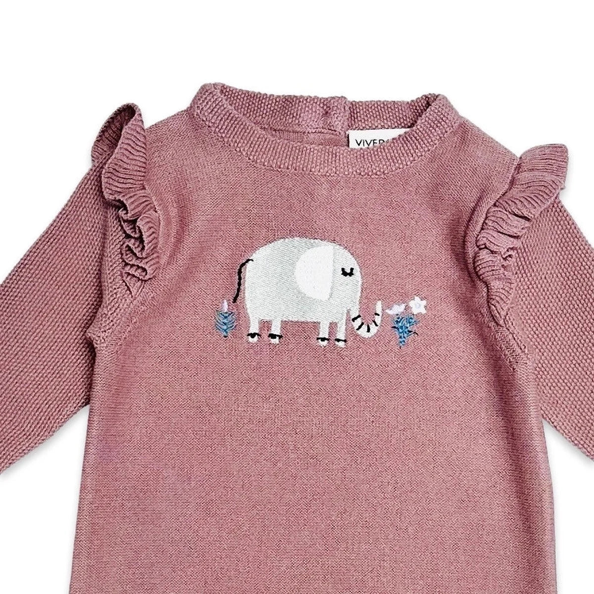 Viverano Organics Elephant Embroidered Ruffle Baby Knit Jumpsuit (Organic) – Vintage Rose
