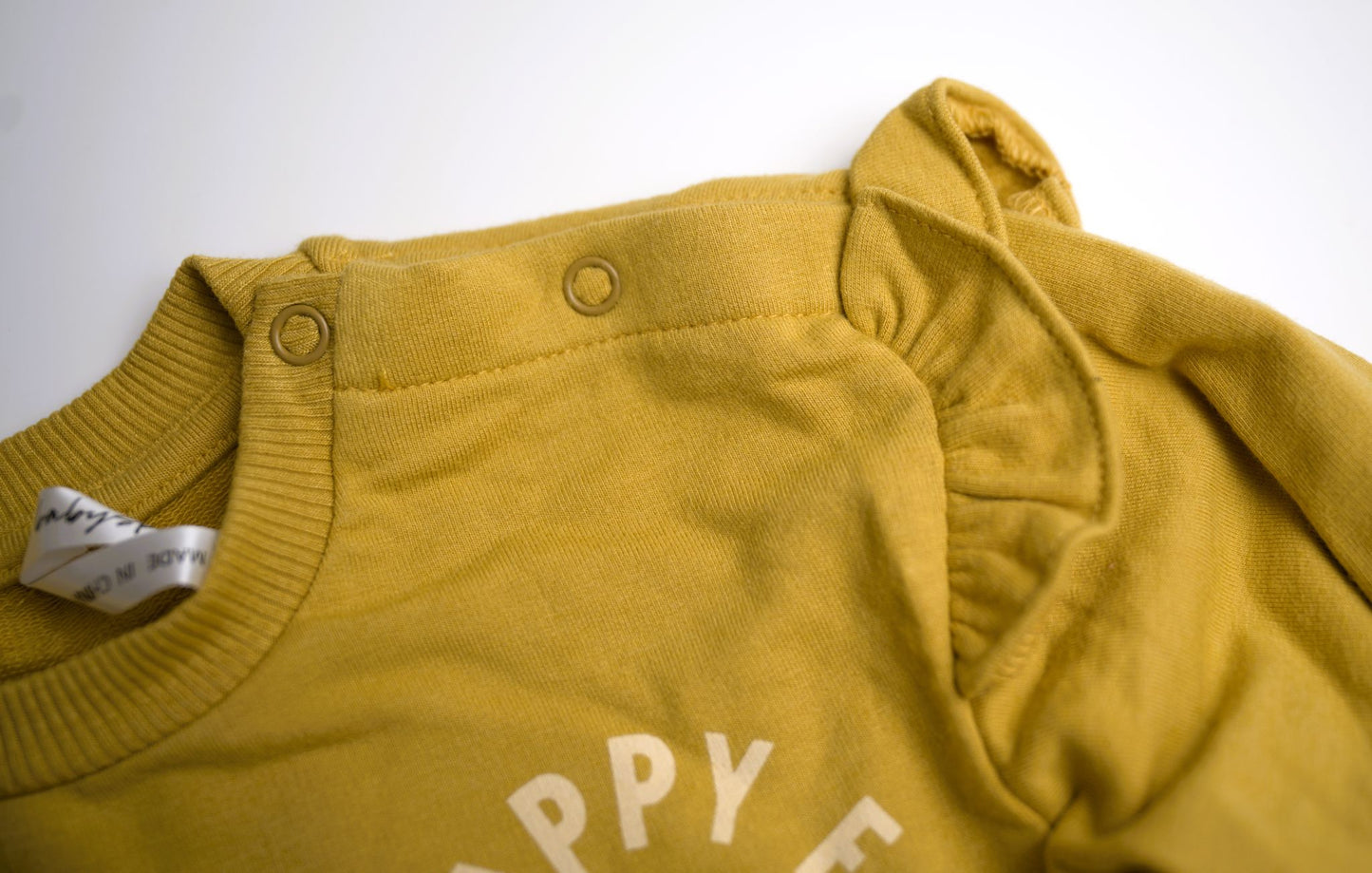 babysprouts, baby girl, toddler, fall, sweatshirt, mustard, yellow, long sleeve, happy fall, ruffles