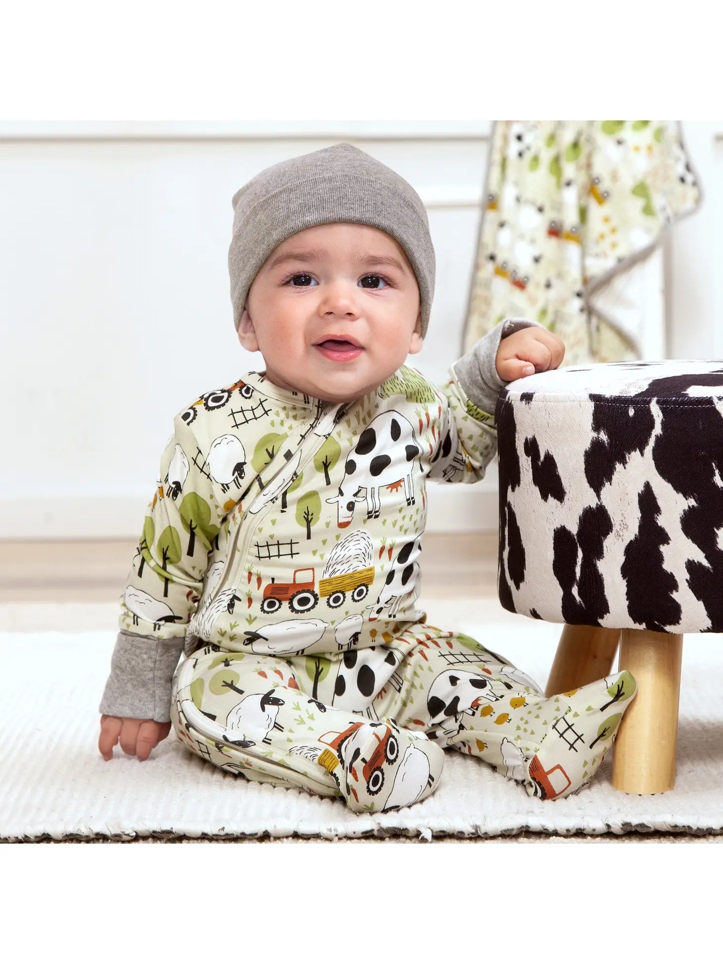 Baby wearing Tesa Babe Baby Boy's Farmyard Bamboo Zipper Romper pjs cows tractors
