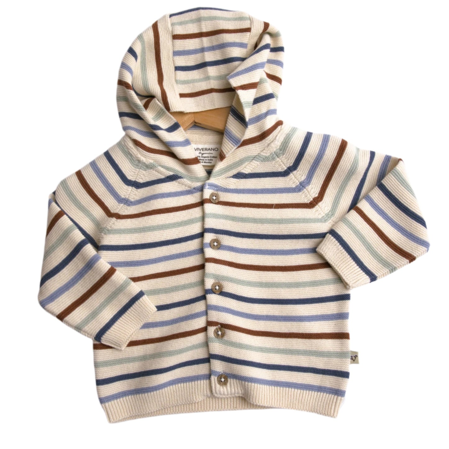 striped hooded boy's sweater button down red cream blue