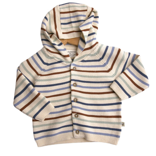 striped hooded boy's sweater button down red cream blue