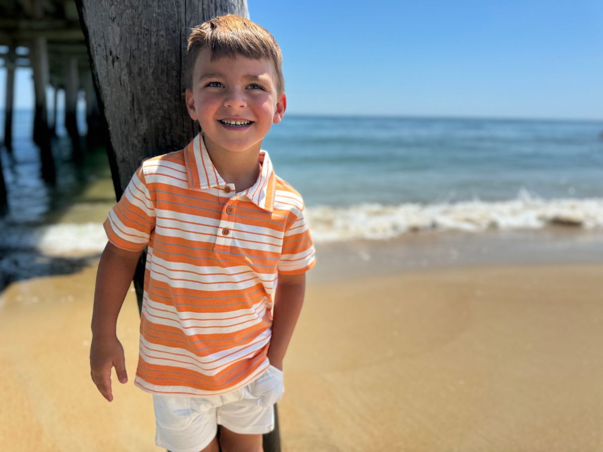Me & Henry orange, white and grey striped short sleeve polo shirt with collar