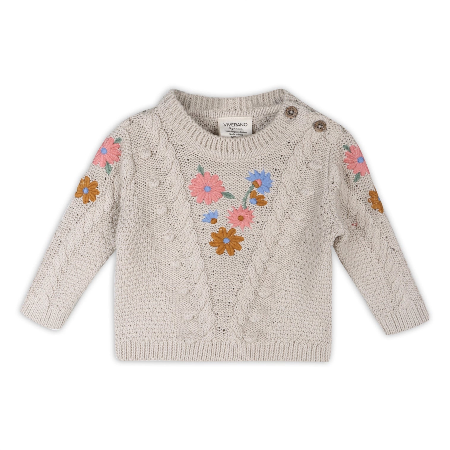 viverano, stone sweater with chunky knit and embroidered fall floral design