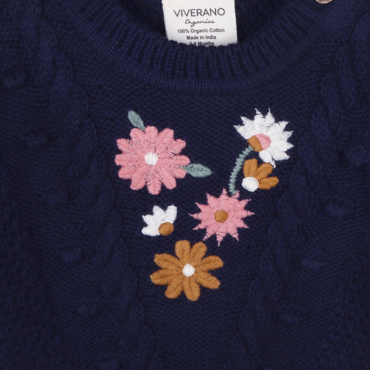 Viverano Organics Floral Embroidered Chunky Baby Pullover Sweater (Organic) – Navy Blue
