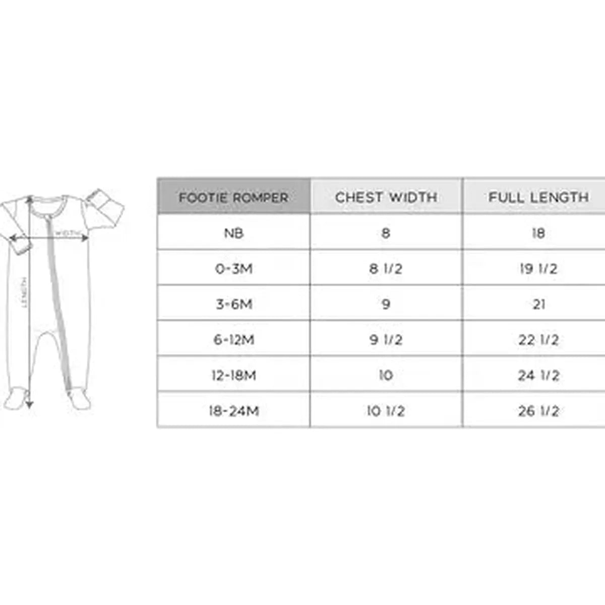 babysprouts, toddler, footie, romper, pajama sizing chart