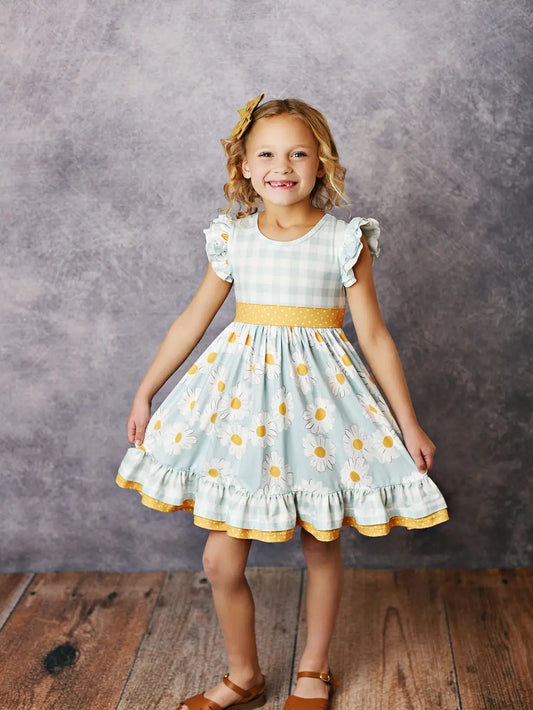 Oopsie Daisy Kids Gingham Check Daisy Ruffle Twirl Spring Easter Dress