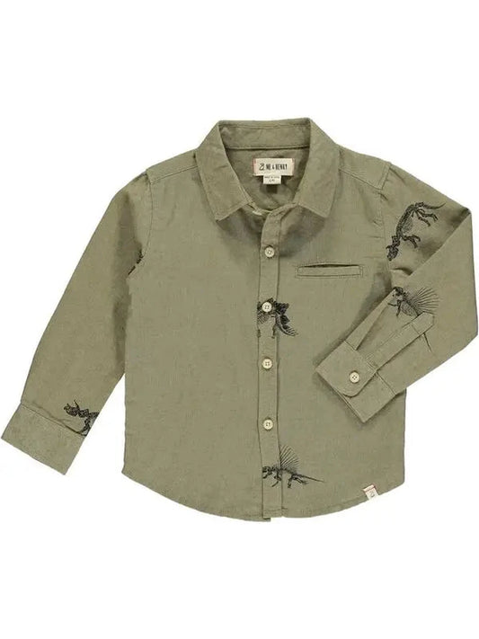 me and Henry olive green with dinosaurs button up collared long sleeve dress shirt dino lover shirt