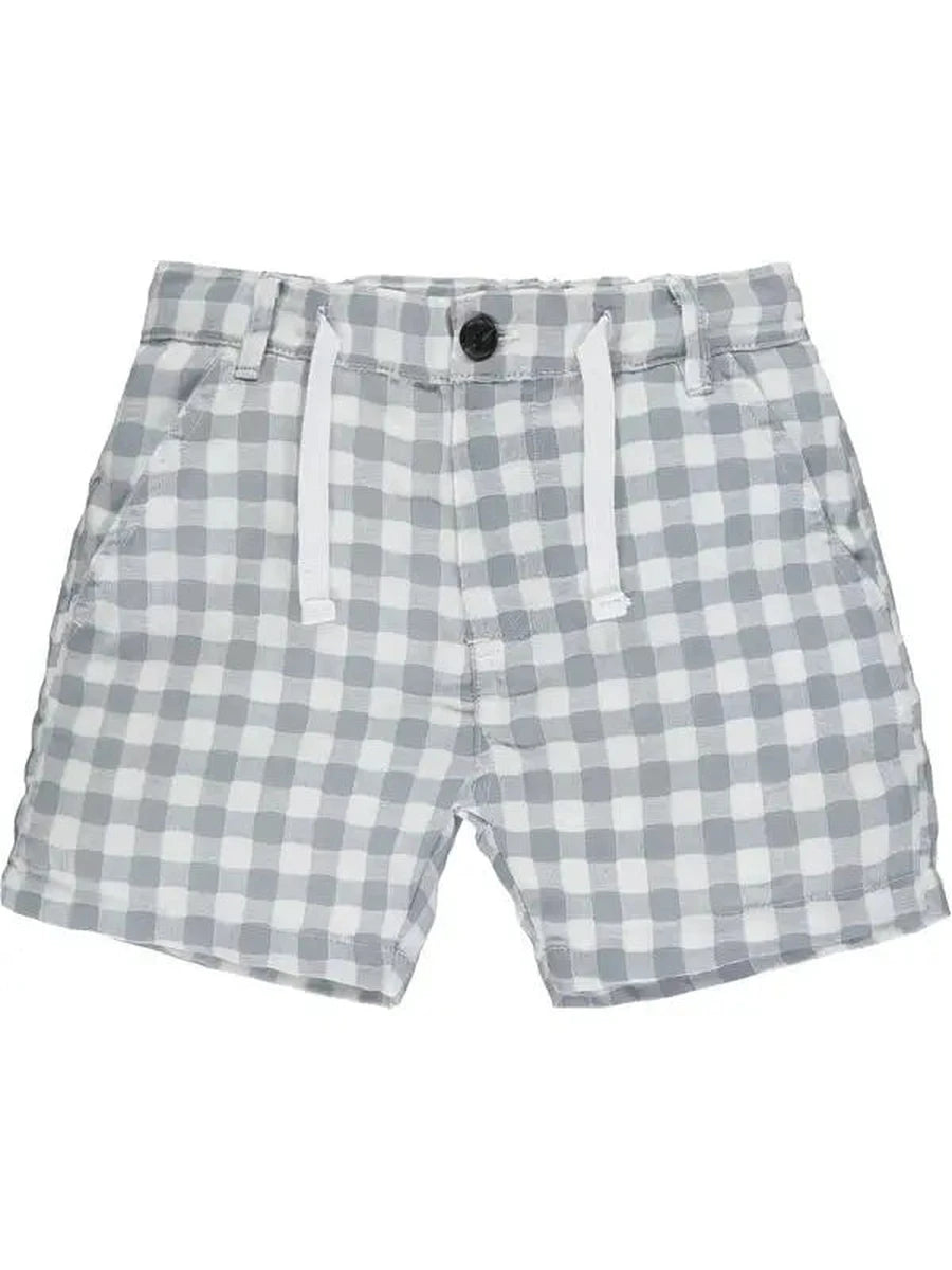 me and Henry grey white plaid crew shorts