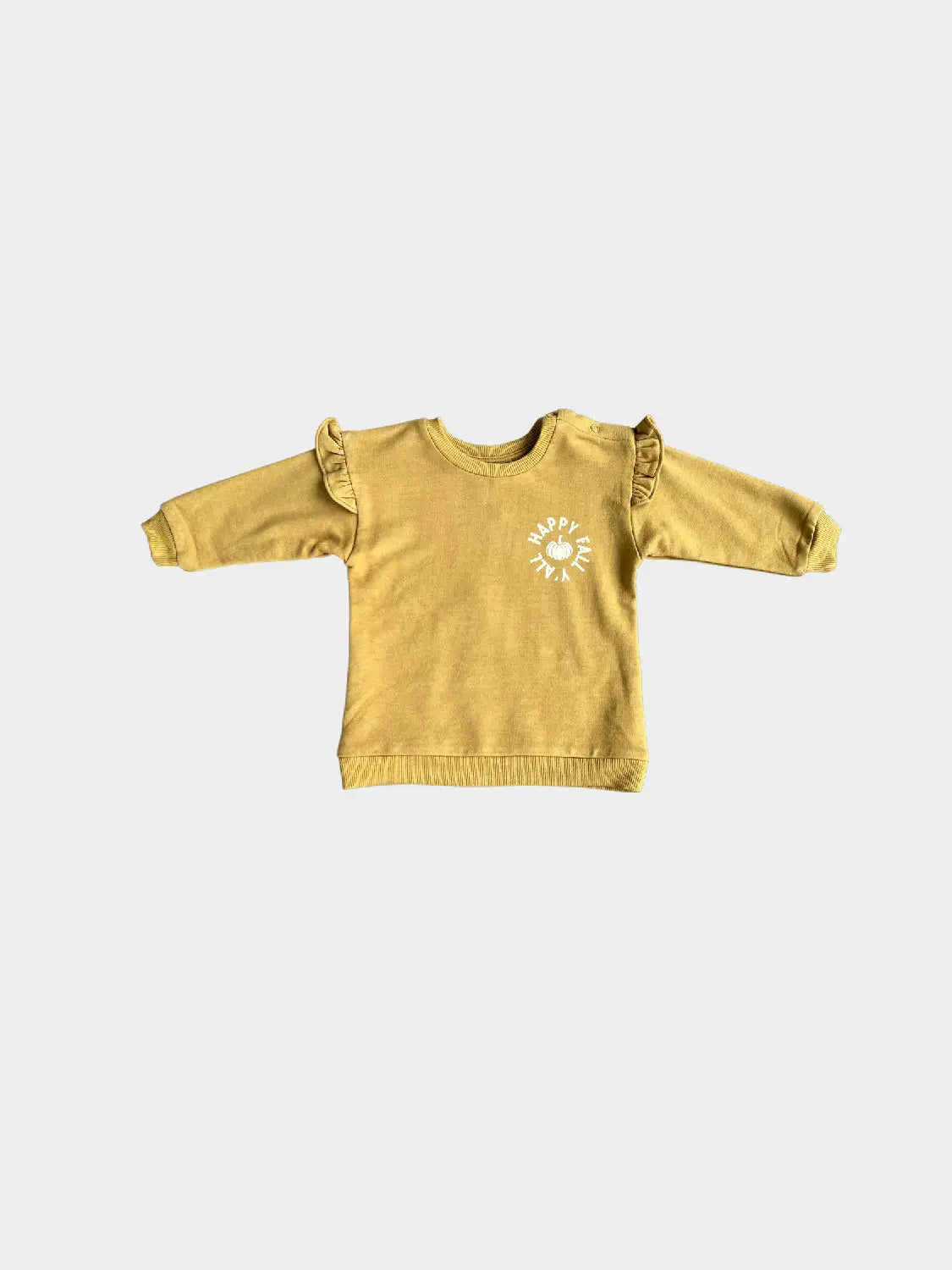 babysprouts, baby girl, toddler, fall, sweatshirt, mustard, yellow, long sleeve, happy fall, ruffles