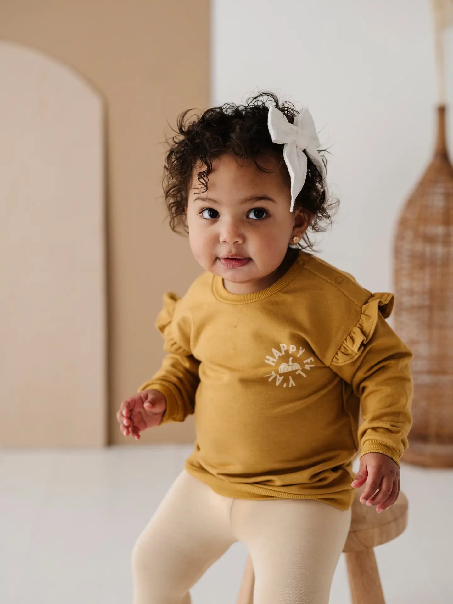 babysprouts, baby girl, toddler, fall, sweatshirt, mustard, yellow, long sleeve, happy fall, ruffles