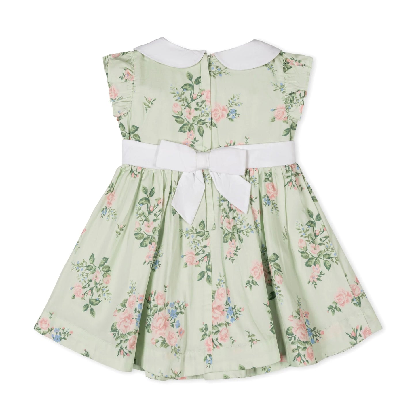 back view of Little girls green floral organic cotton sateen party dress with a white Peter Pan collar by Hope and Henry.