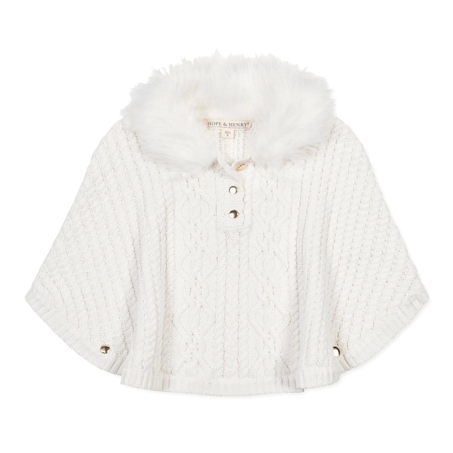 Hope & Henry organic white cable sweater cape with faux fur collar