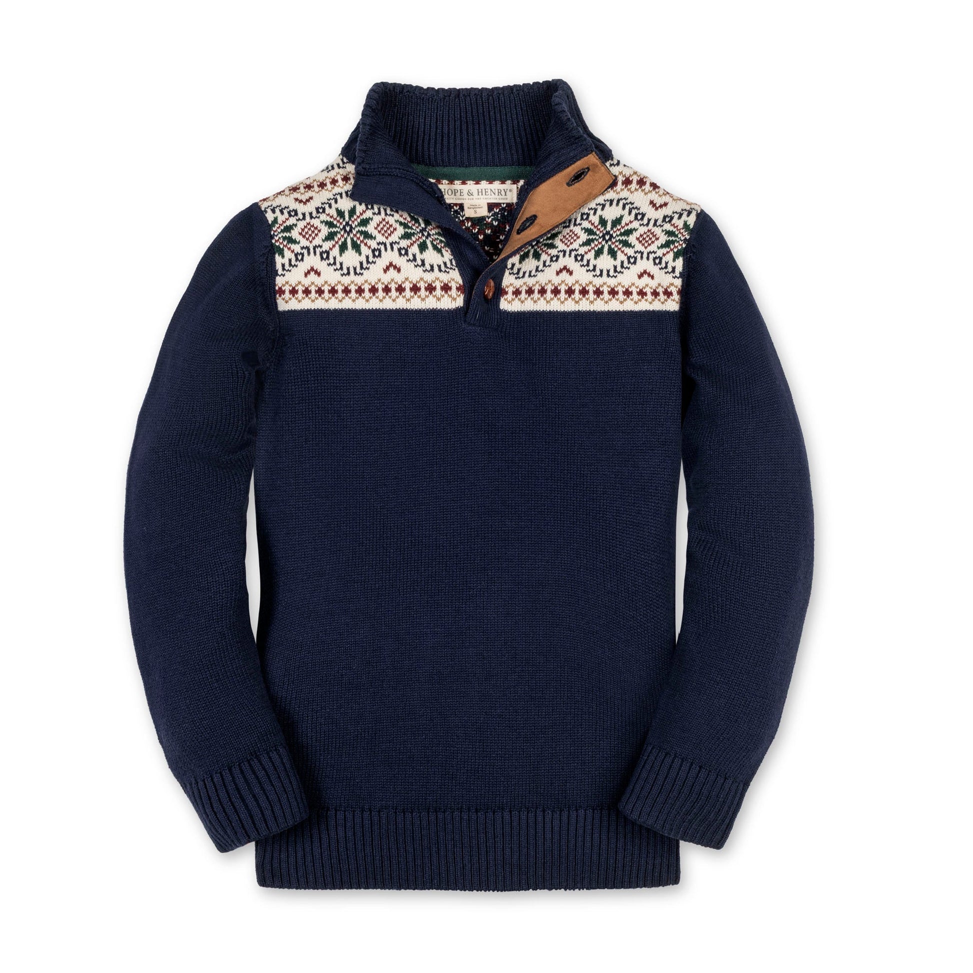 Hope & Henry organic mock neck sweater with Scottish snowflake pattern