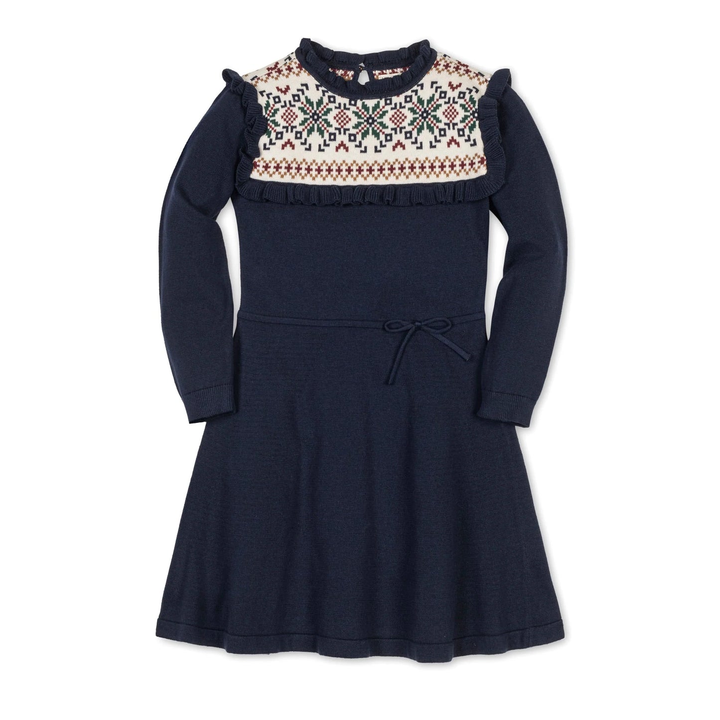 Hope & Henry organic ruffle collar sweater dress in Scottish snowflake pattern