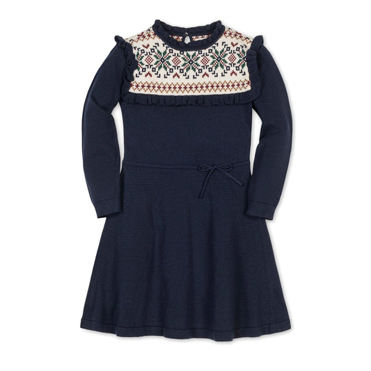 Hope & Henry organic ruffle collar sweater dress in Scottish snowflake pattern