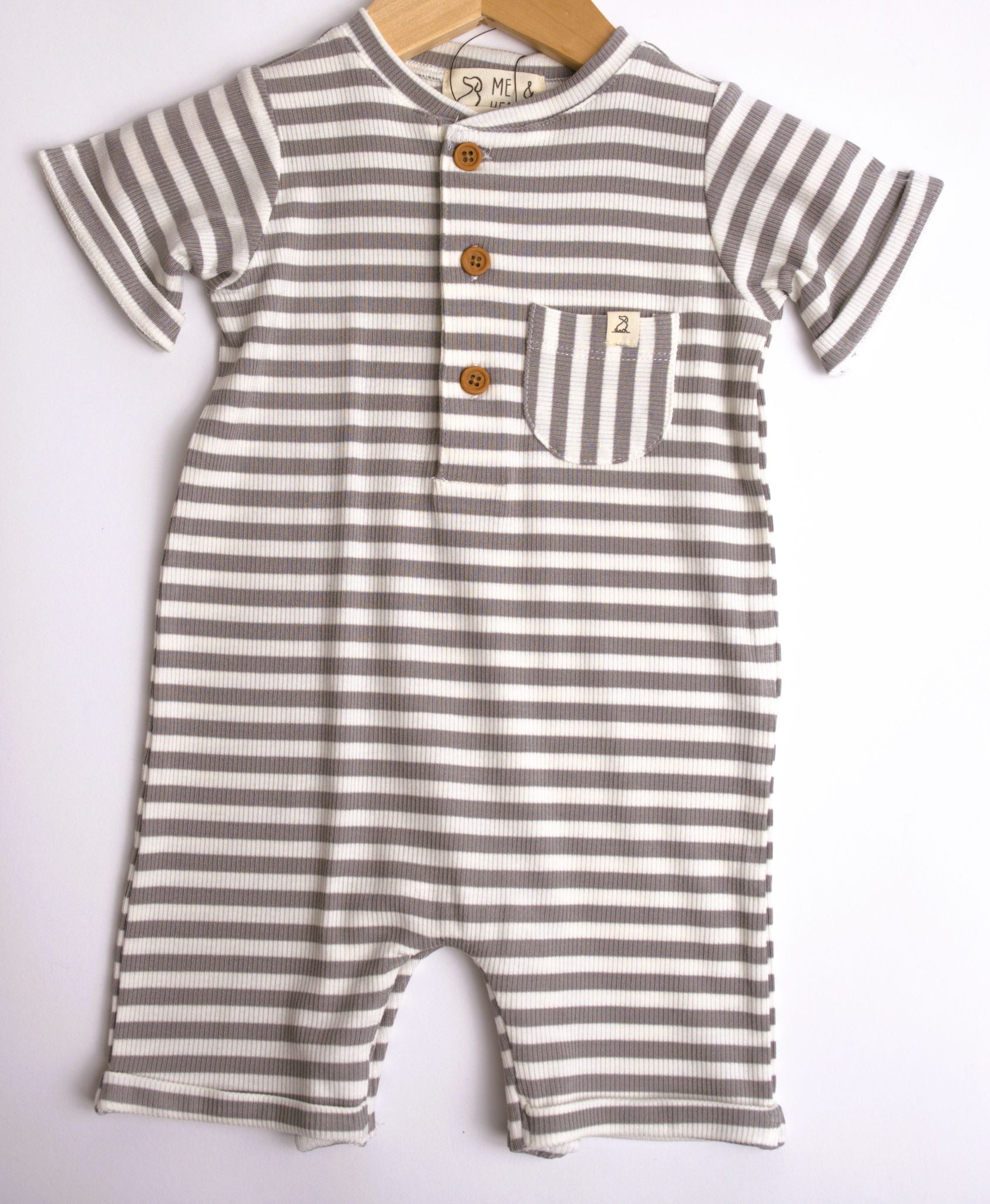 Me & henry, grey and white striped short sleeve romper for the boys.