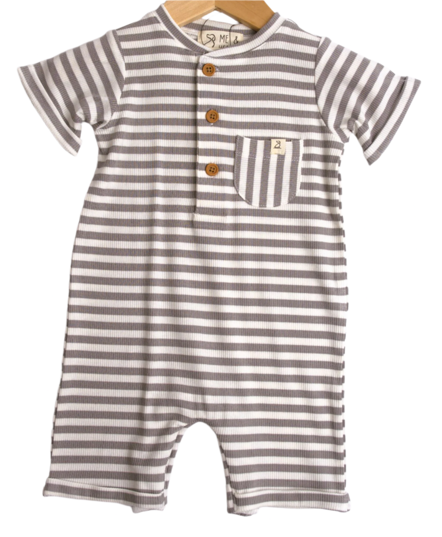 Me & henry, grey and white striped short sleeve romper for the boys.
