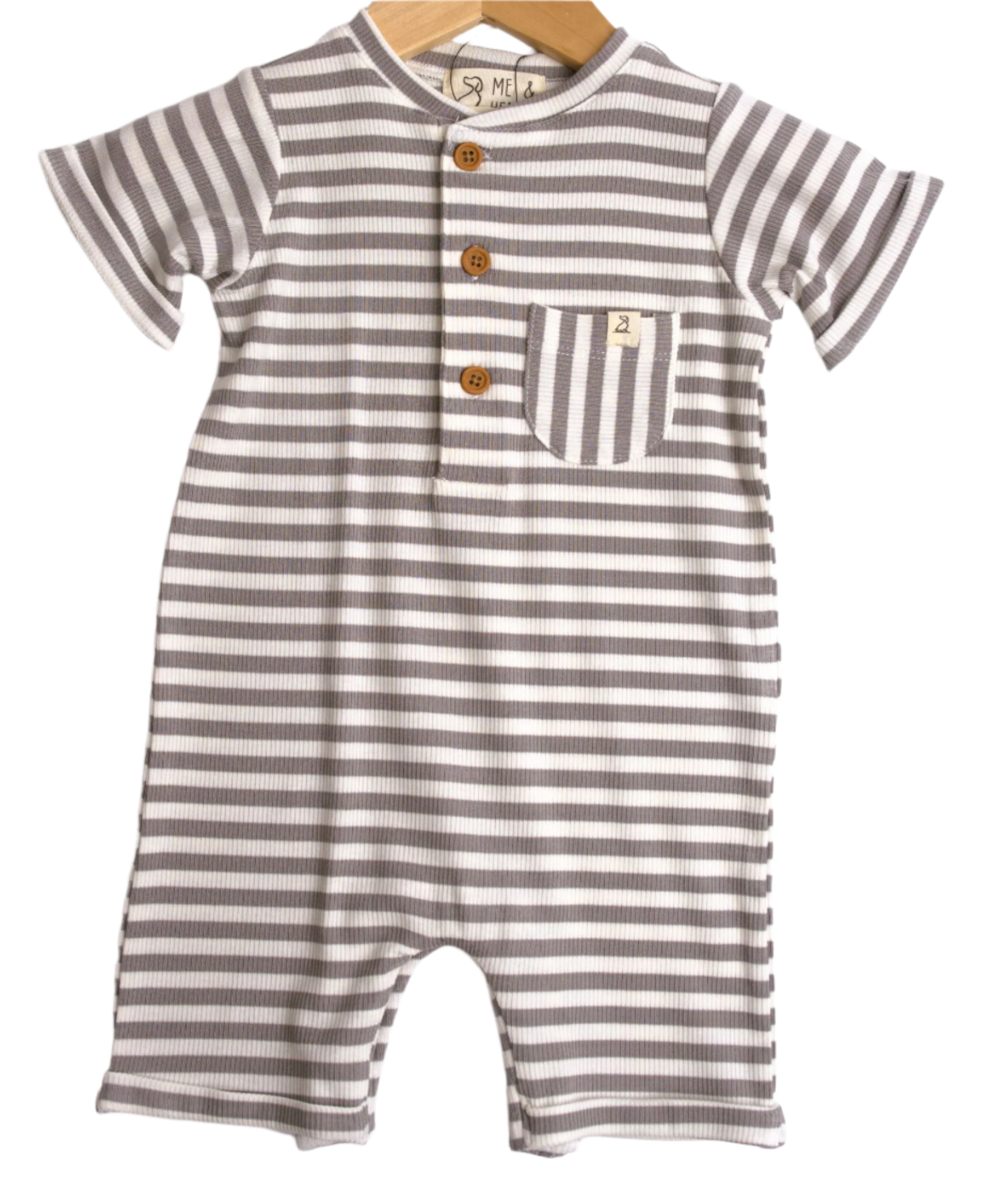 Me & henry, grey and white striped short sleeve romper for the boys.