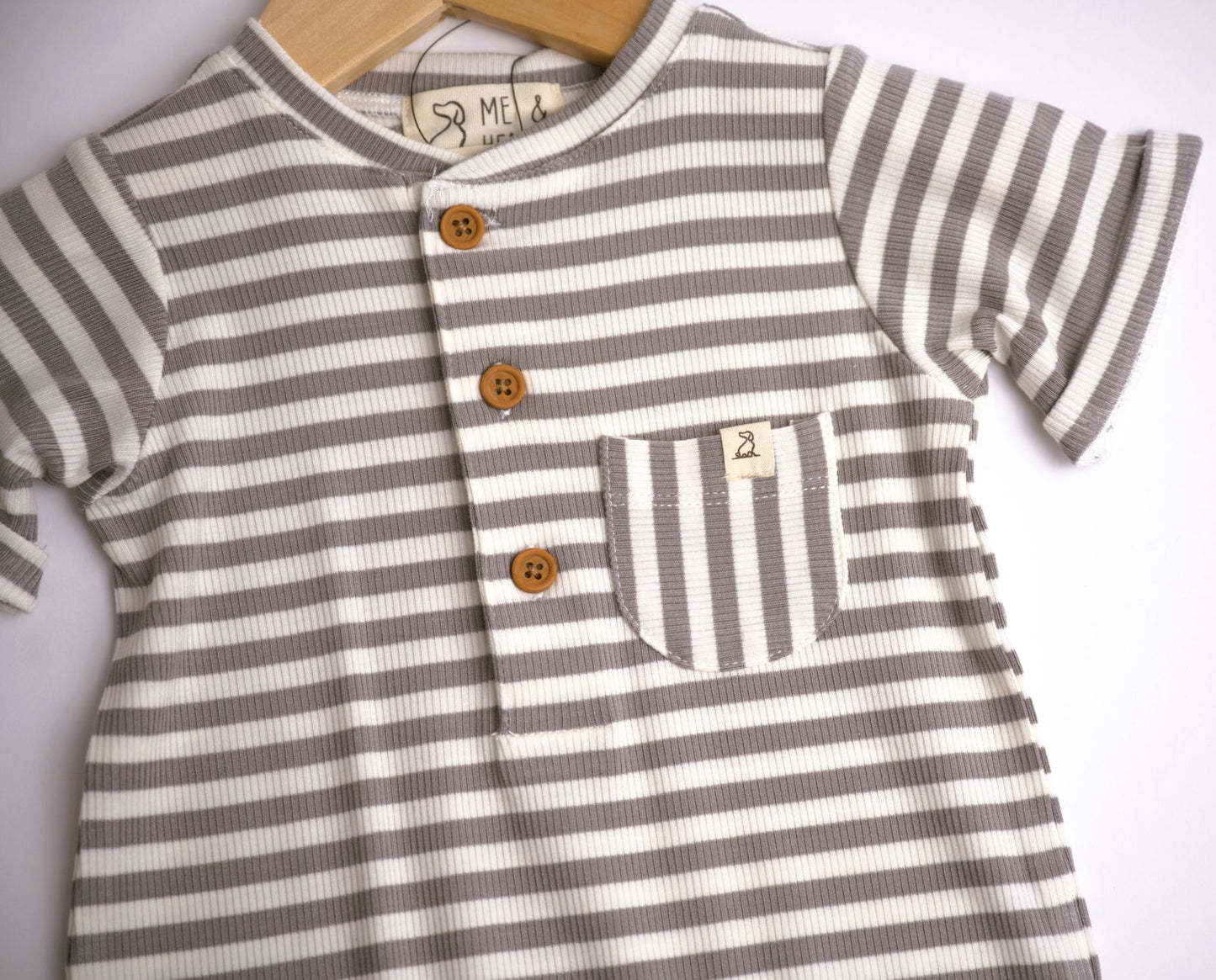 Me & henry, grey and white striped short sleeve romper for the boys.