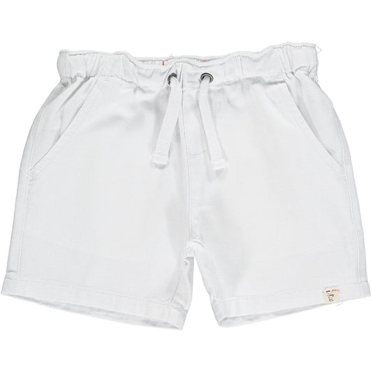 Me & Henry white twill shorts with an elastic waist and drawstring