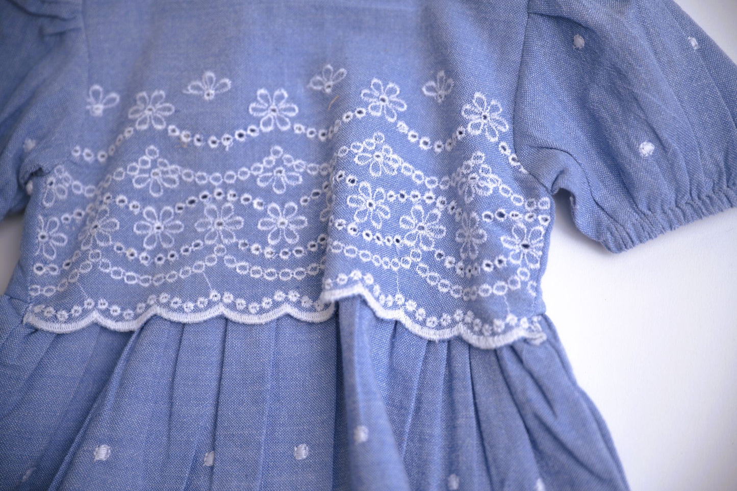 viverano organics, blue chambray lace summer cap sleeve dress with eyelet detail