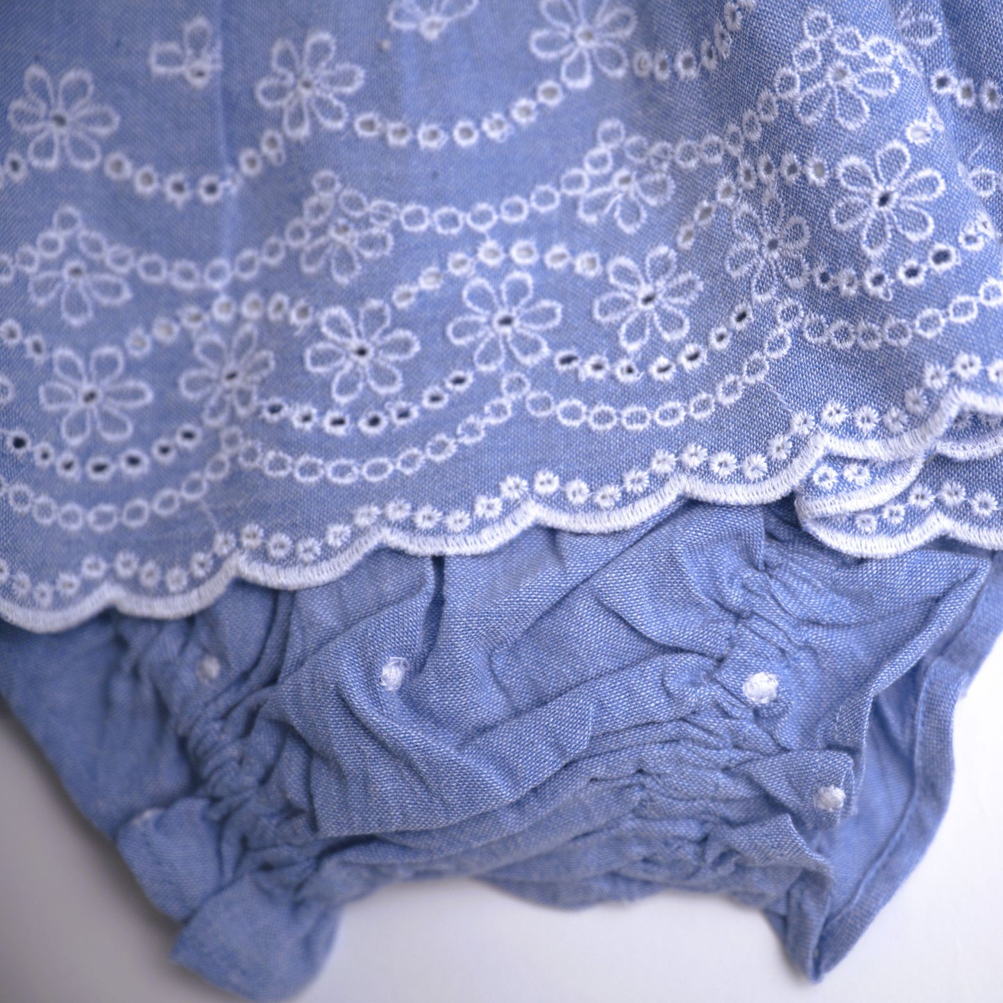 viverano organics, blue chambray lace summer cap sleeve dress with eyelet detail