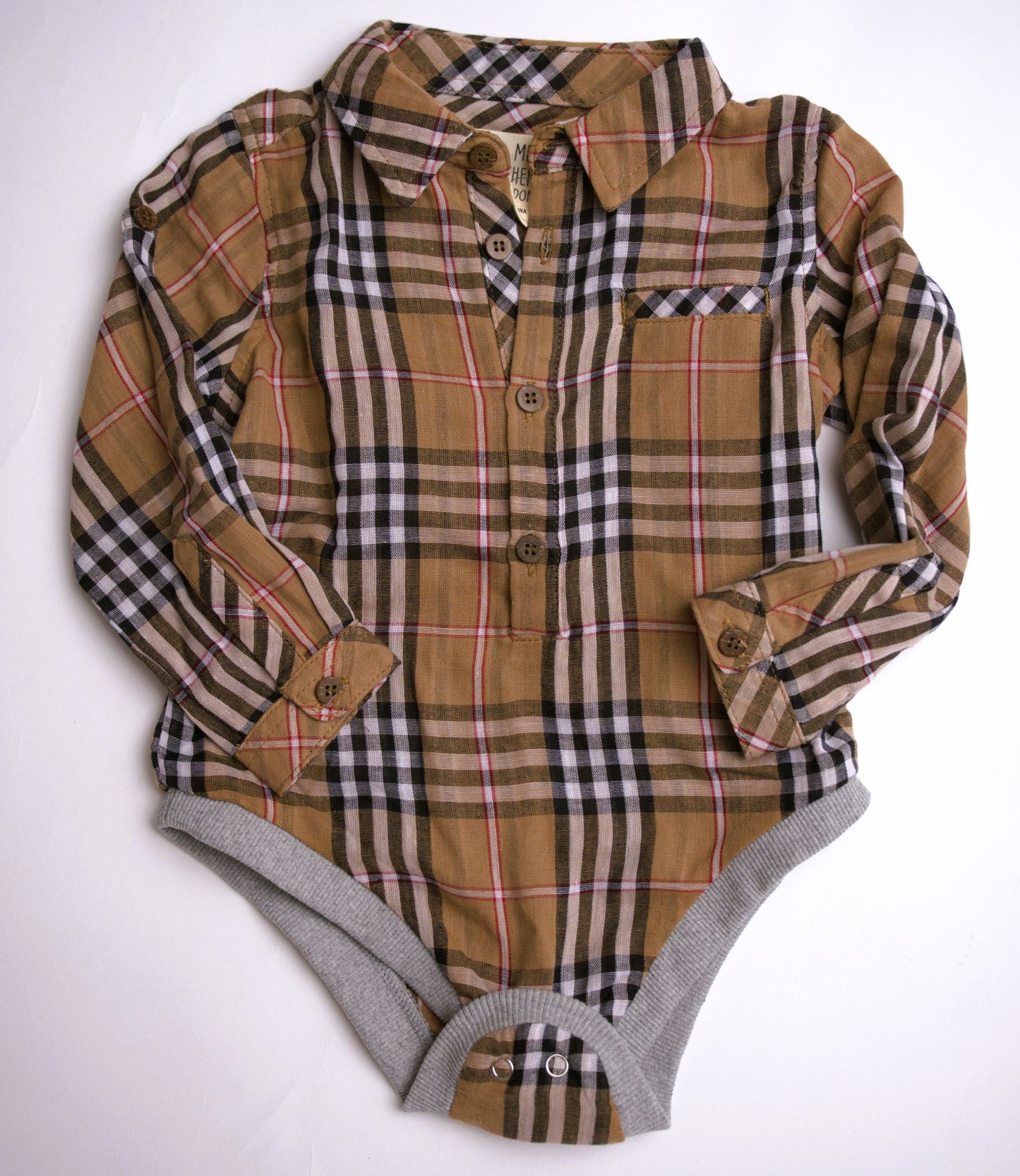 Me & Henry Jasper Woven Onesie – Brown/Black/Red Plaid