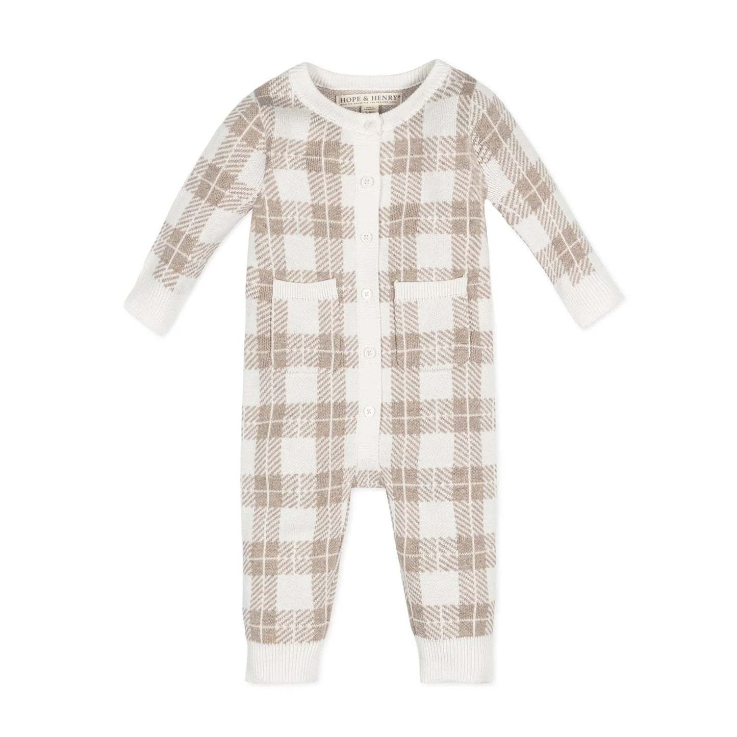 hope and henry, plaid romper, long sleeve, sweater knit, pockets, button front, baby