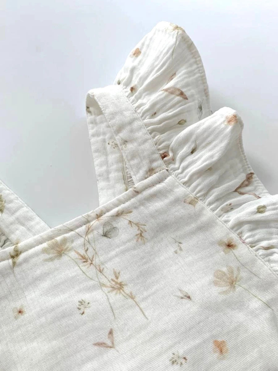 Eli and new organic cotton muslin girls romper best seller white with soft floral detail neutral