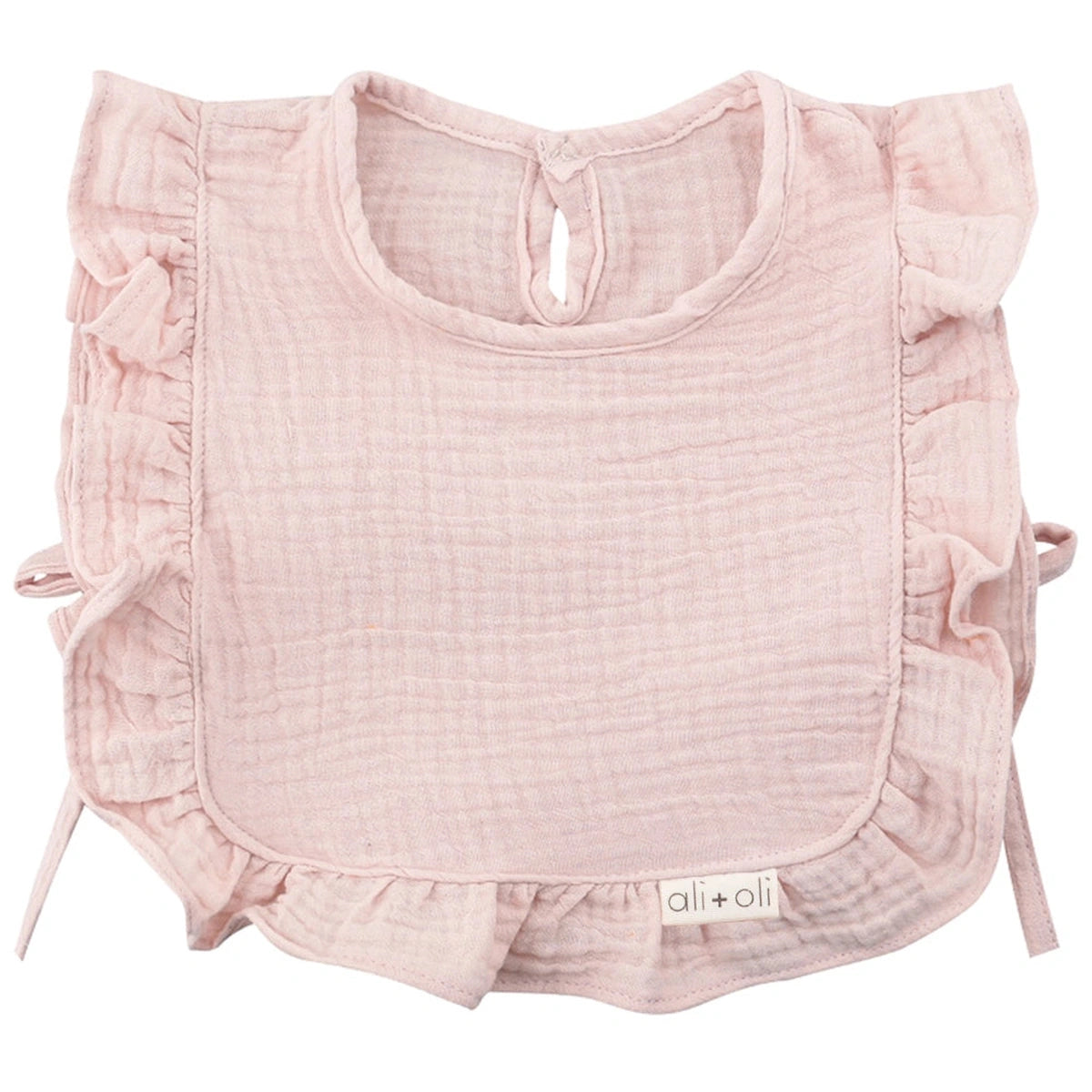 pink muslin bib ruffle detail Ali and oli, baby girl bib, decorative bib, pale pink bib,