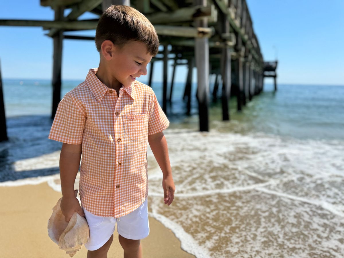 me & henry, orange, white, checkered, plaid, short sleeve, button up, collared, shirt