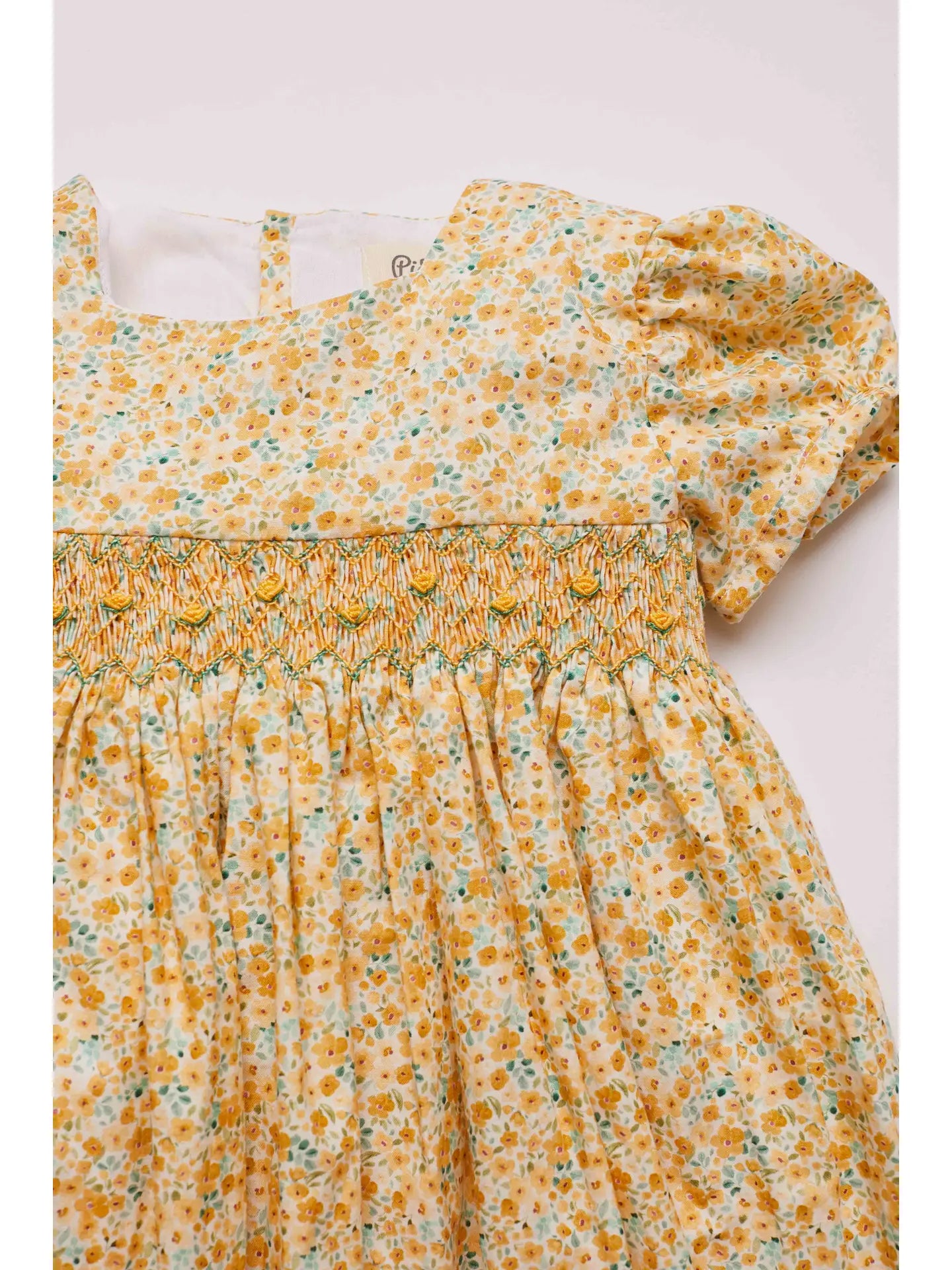 Smocked yellow classic dress amerelo, easter, spring, holiday, floral, smocked, cap sleeves, heirloom
