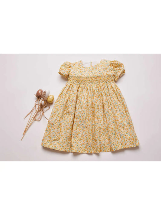 Smocked yellow classic dress amerelo, easter, spring, holiday,  floral, smocked, cap sleeves, heirloom
