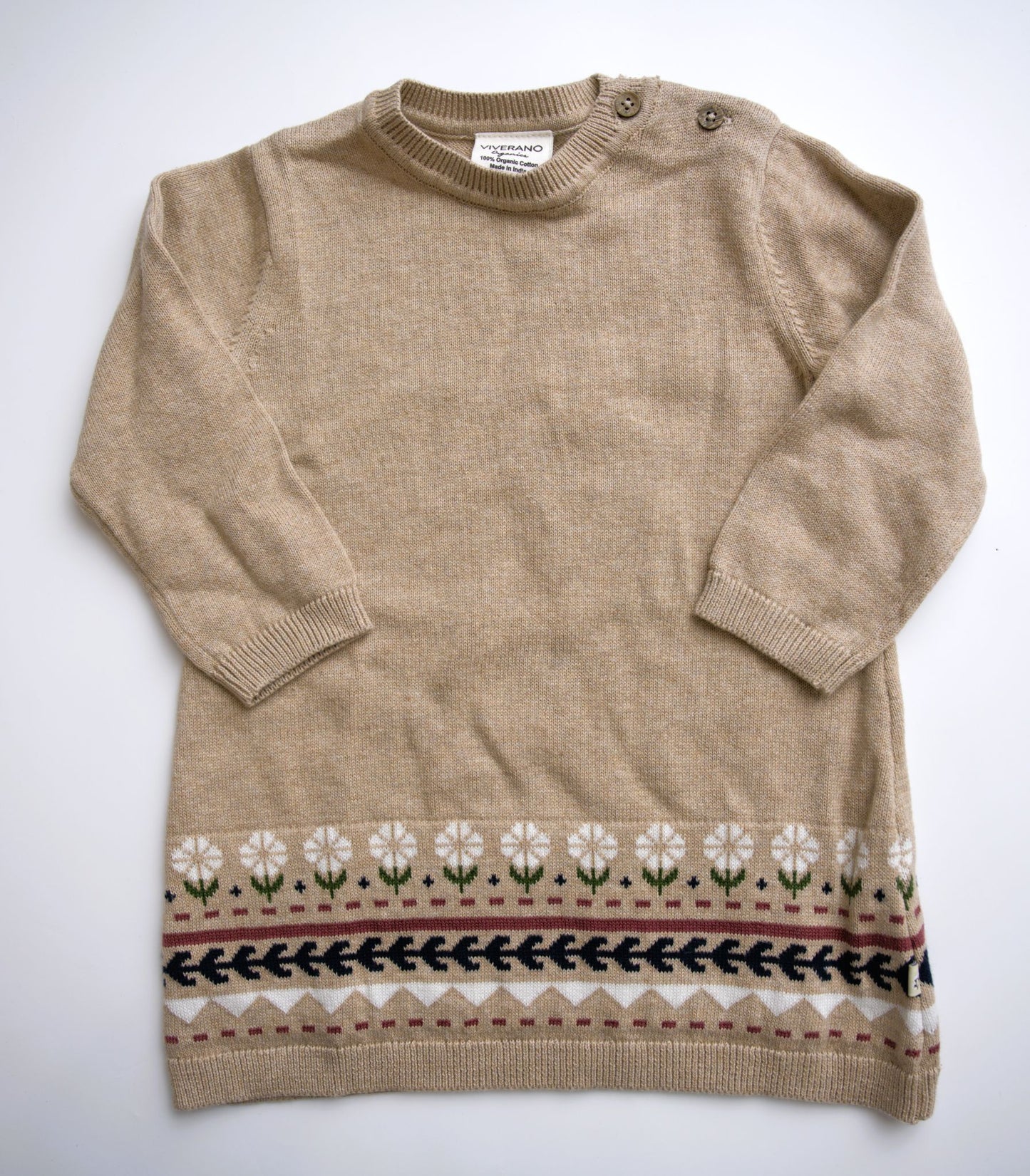 Viverano Organics Fair Isle Baby Girl Sweater Knit Dress (Organic Cotton) – Oatmeal Heather