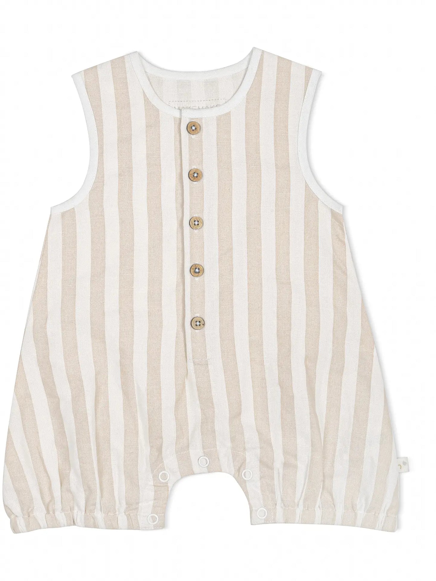 makemake organic sleeveless bubble romper stories beige stripes neutral