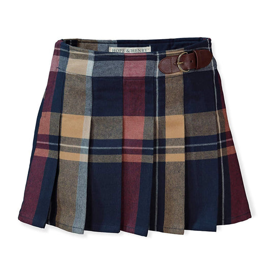 Hope and henry, 100% organic cotton, pleated, skirt, buckle detail, navy, burgandy, mustard, plaid, fall