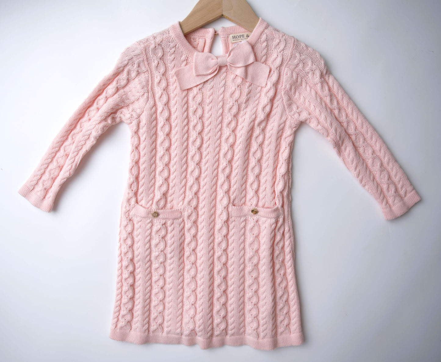 Hope and Henry Organic Cable Bow Sweater Dress – Pale Pink Cable