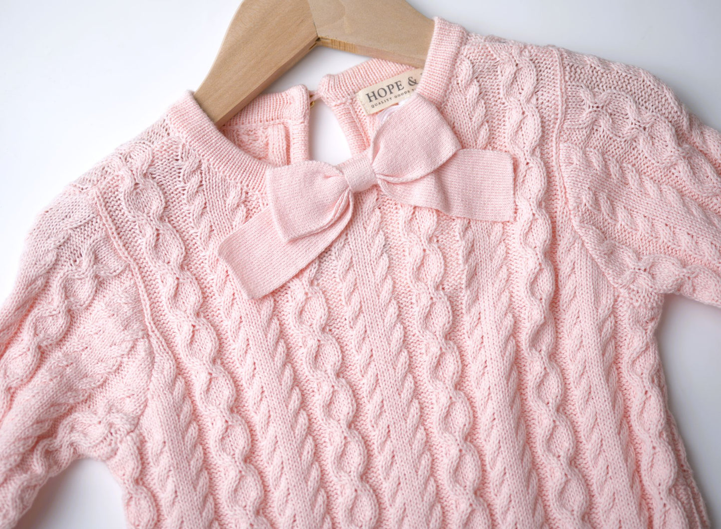Hope and Henry Organic Cable Bow Sweater Dress – Pale Pink Cable