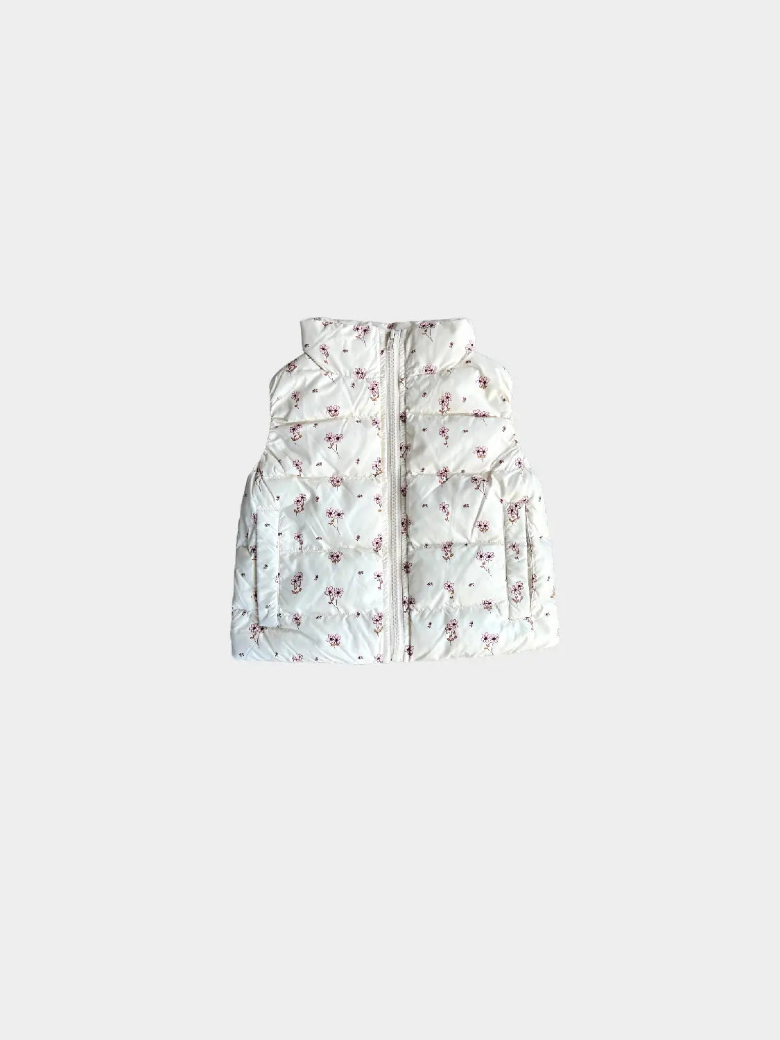 little girl's white floral puffer vest, pockets, zippers