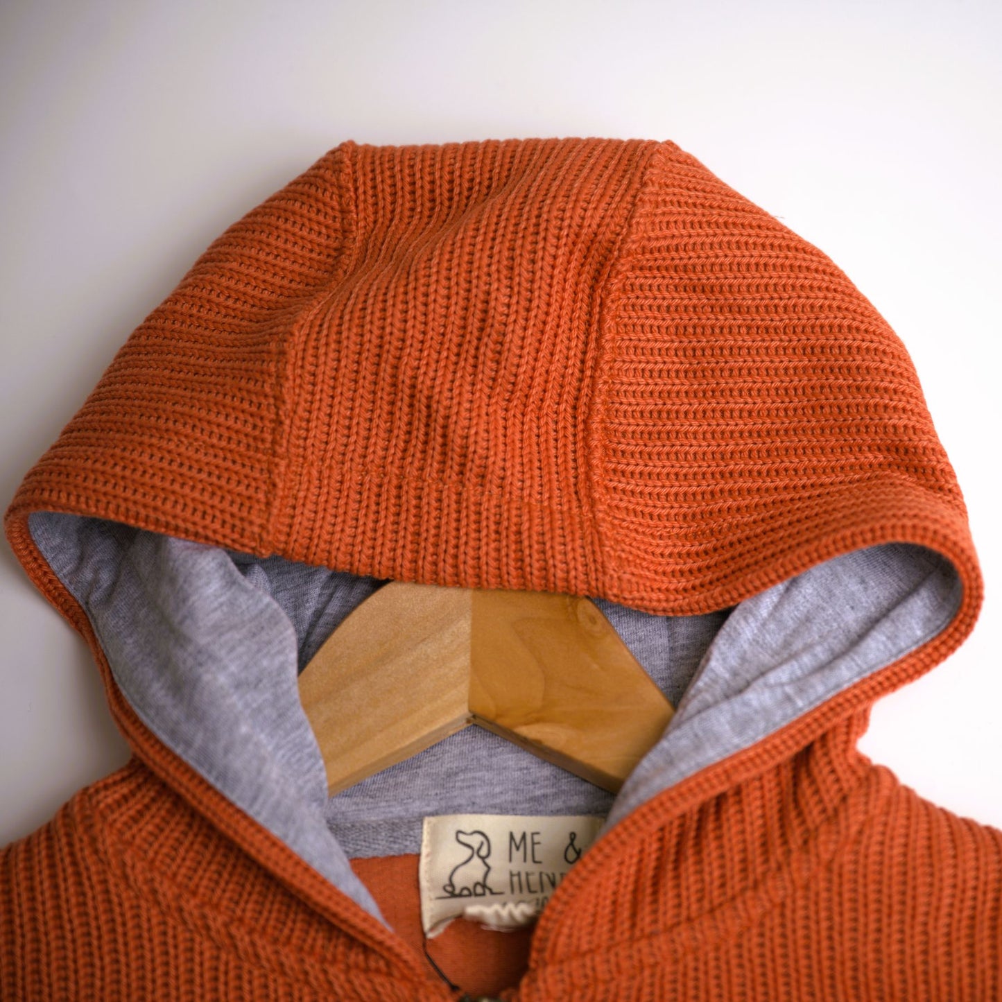Me & Henry children's boy's hooded sweatshirt with knit lined zippered front. Fall colors, pumpkin, burnt orange, gray lining.