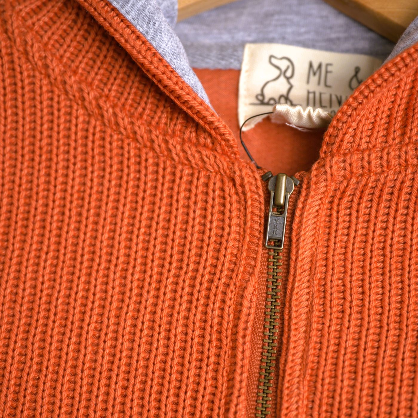 Me & Henry children's boy's hooded sweatshirt with knit lined zippered front. Fall colors, pumpkin, burnt orange, gray lining.