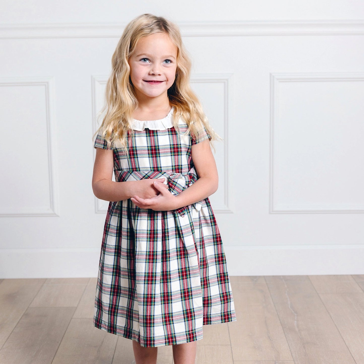 Hope and henry, holiday dress, christmas dress, ivory red tartan, plaid, ruffle collar, short sleeve, bow waist detail