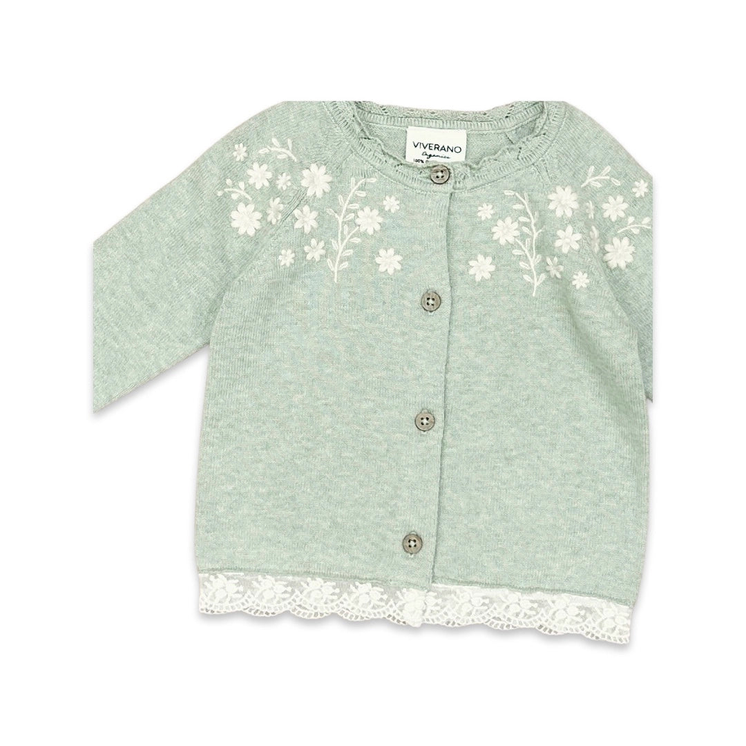 Viverano Organics Floral Embroidered Knit Cardigan Lace Trim (Organic Cotton) - Sage Heather