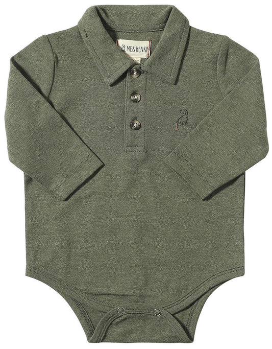 me and henry, green, sage, long sleeve, polo, onesie, boys, baby, onesie