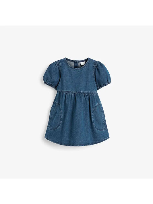 MyKids USA Baby Girl Solid Color Puff Sleeve Loose Denim Dress – Blue