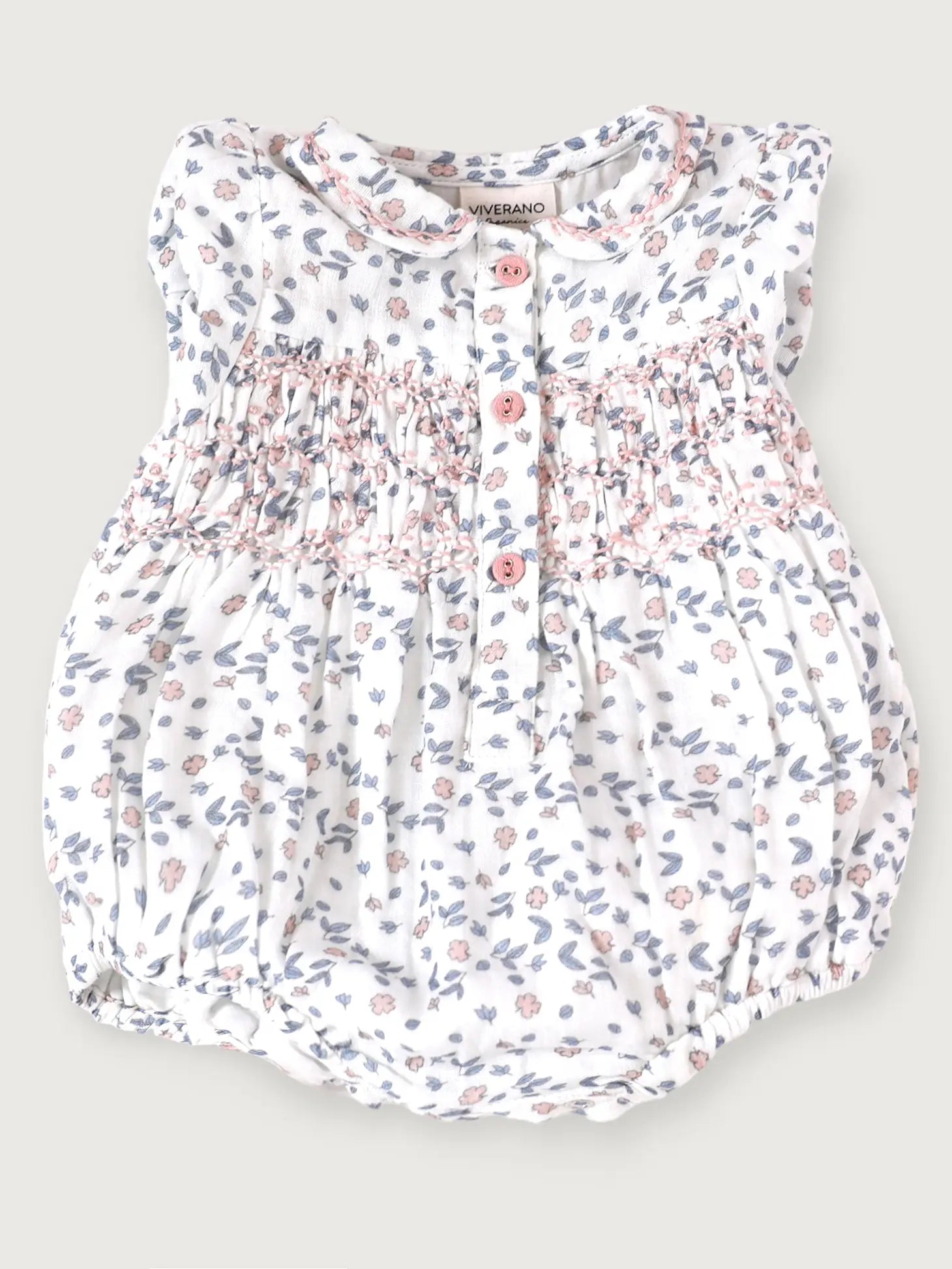 viverano Sophia floral smocked bubble romper with collar and button detail pink and blue floral design smocked detail