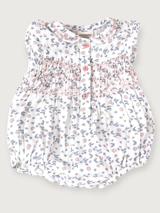 Viverano Organic Sophia Floral Hand-Smocked Bubble Baby Romper (Organic) Blue-Pink Floral